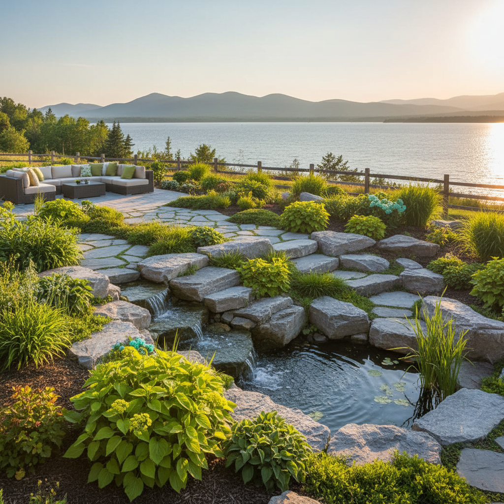 Professional landscape installation with stone pathways and lush garden beds